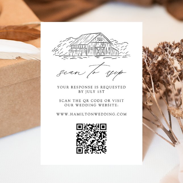 Carte D'accompagnement Elegant Rustic Barn Mariage QR Code Site Web RSVP (Créateur téléchargé)