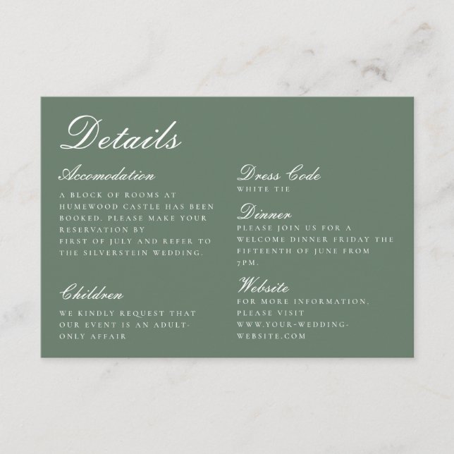 Carte D'accompagnement Elegant Sage Green Calligraphy Détails du Mariage (Devant)