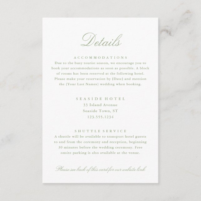Carte D'accompagnement Elegant Sage Green Détails du Mariage Hotel Info Q (Devant)