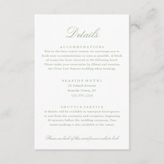 Carte D'accompagnement Elegant Sage Green Détails du Mariage Hotel Info Q