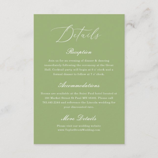 Carte D'accompagnement Elegant Sage Green Wedding Details (Devant)