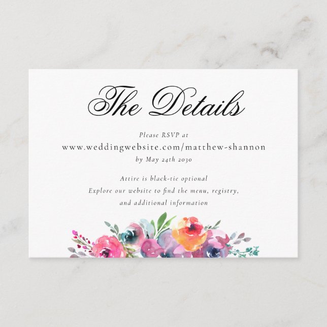Carte D'accompagnement Elégant Script Aquarelle Floral Détails du Mariage (Devant)