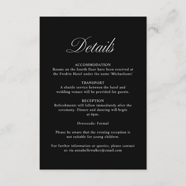 Carte D'accompagnement Élégant script Formal Black Mariage Détails (Devant)