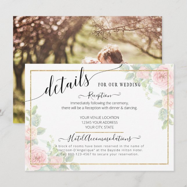 Carte D'accompagnement Élégant Script Gold Blush Floral Détails du Mariag (Devant / Derrière)