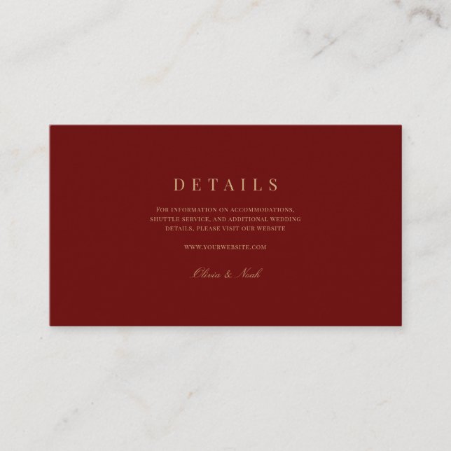 Carte D'accompagnement Elégant Script Gold & Deep Red Mariage Détails (Devant)