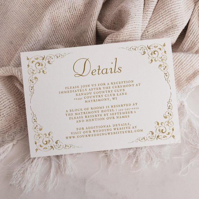 Carte D'accompagnement Élégant Script Gold Foliage Frame Détails du Maria (Créateur téléchargé)