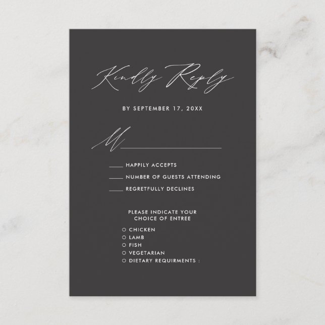 Carte D'accompagnement Élégant Script Moderne Charbon Mariage simple RSVP (Devant)