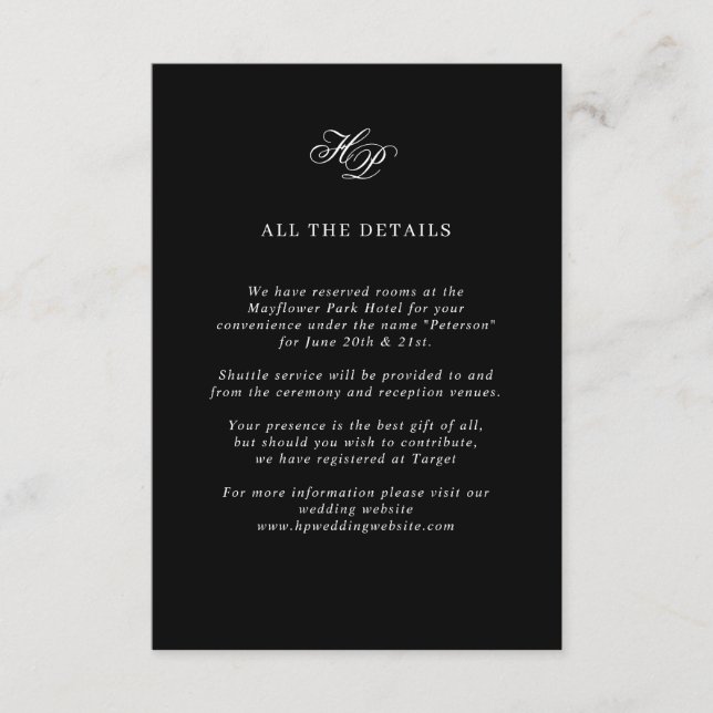 Carte D'accompagnement Élégant Script Monogramme noir Détails du Mariage (Devant)