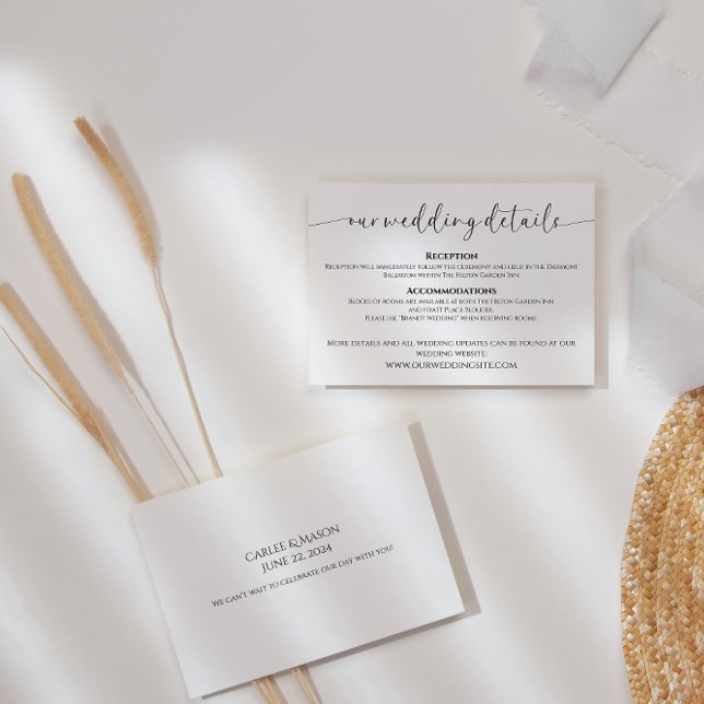 Carte D'accompagnement Élégant script noir et blanc Détails du Mariage (Créateur téléchargé)