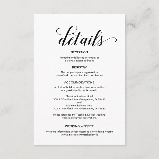 Carte D'accompagnement Élégant script noir, informations sur le Mariage (Devant)
