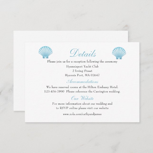 Carte D'accompagnement Elegant Seashell Détails Mariage Blue Beach (Devant / Derrière)