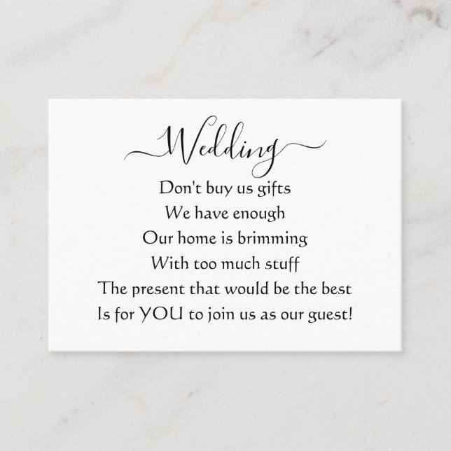 Carte D'accompagnement Élégant Simple Mariage No Cadeaux Poème (Devant)