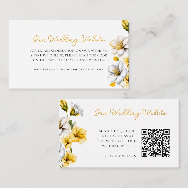 Carte D'accompagnement Elégant site Mariage Floral Blanc et Jaune QR (Devant / Derrière)