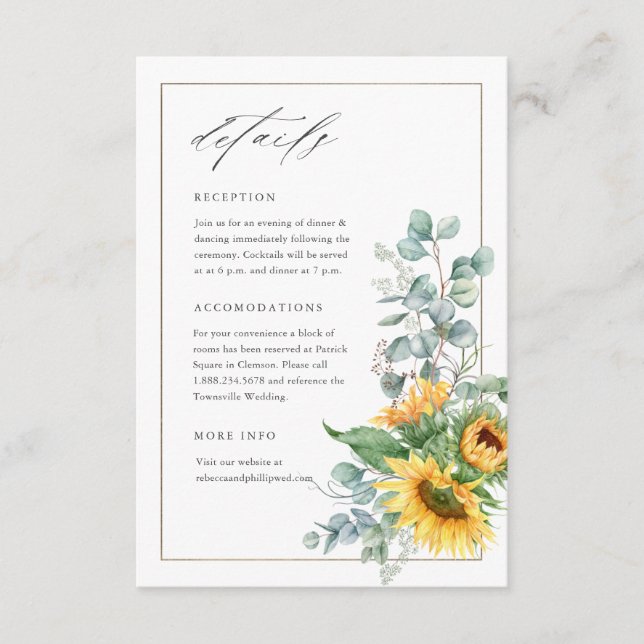 Carte D'accompagnement Elégant Sunflower Eucalyptus Détails Mariage (Devant)