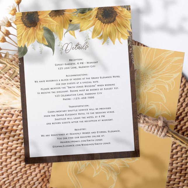 Carte D'accompagnement Élégant tournesol rustique, détails mariages (Créateur téléchargé)