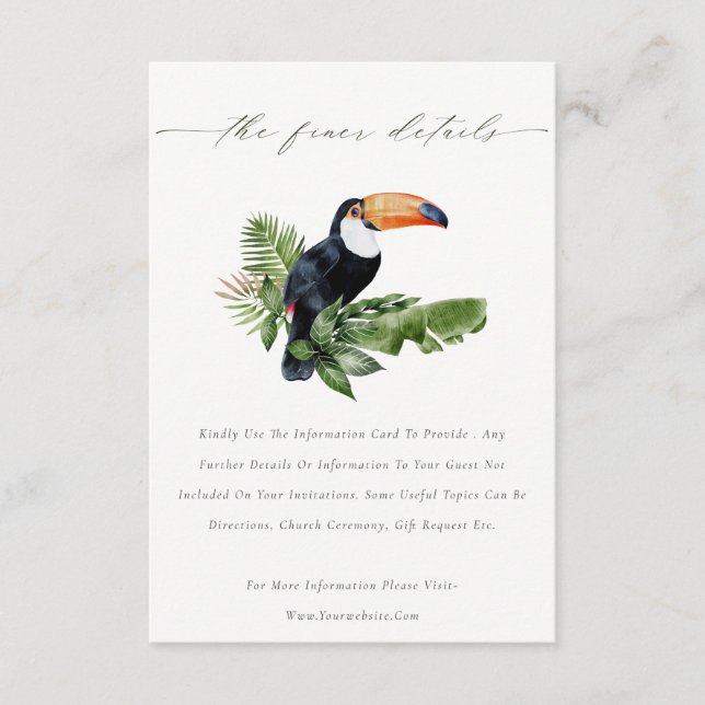 Carte D'accompagnement Elegant Tropical Rainforest Toucan Mariage Détails (Devant)