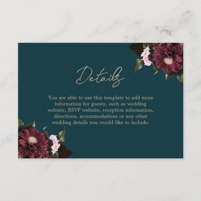 Carte D'accompagnement Élégant Turquoise foncé Bourgogne Floral Mariage (Devant)