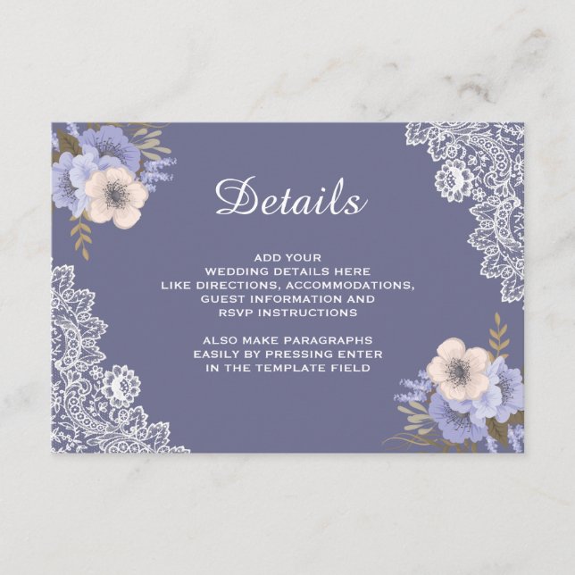 Carte D'accompagnement Elégant violet dentelle fleurie Détails du Mariage (Devant)