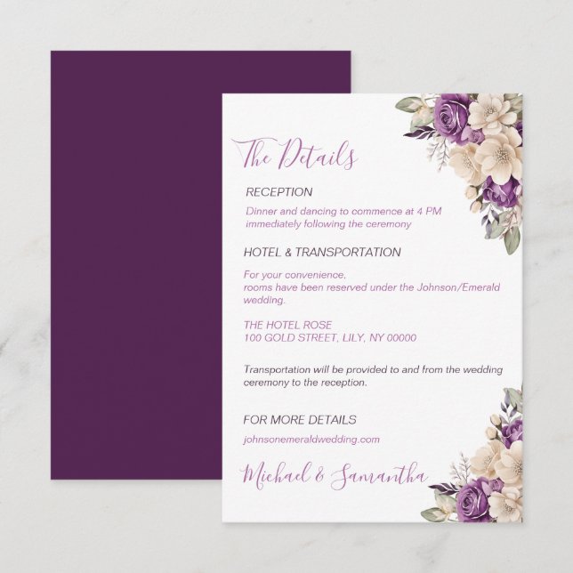Carte D'accompagnement Élégant violet et ivoire Rose Mariage (Devant / Derrière)