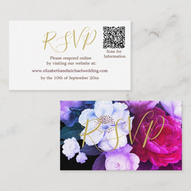 Carte D'accompagnement Élégant violet Floral QR Code noir RSVP (Devant / Derrière)