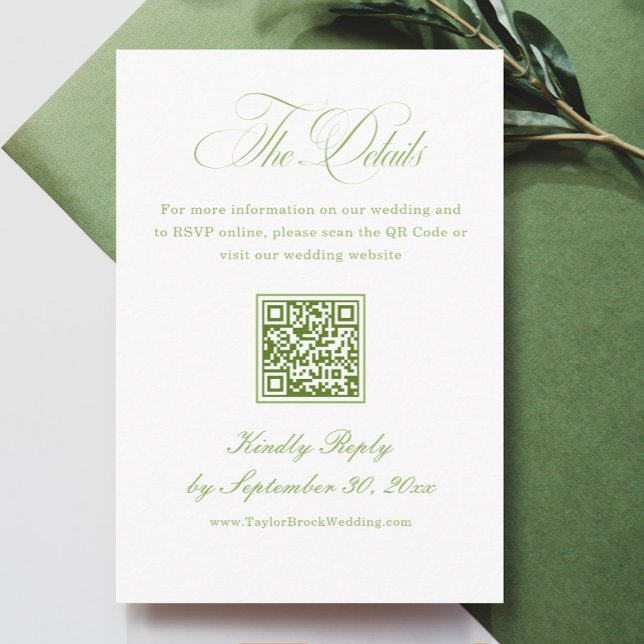 Carte D'accompagnement Elegant White and Green Wedding Details Qr Code (Créateur téléchargé)