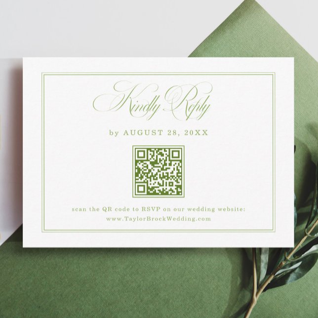 Carte D'accompagnement Elegant White and Green Wedding RSVP Qr Code  (Créateur téléchargé)
