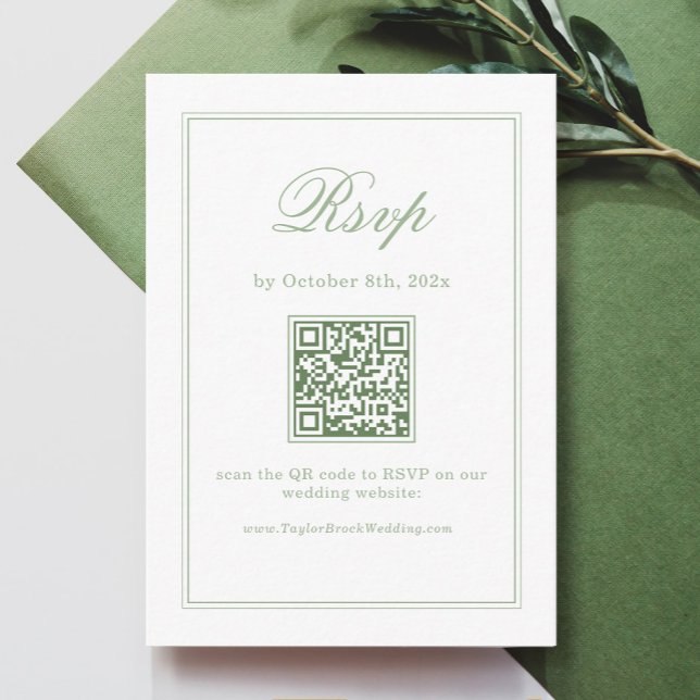 Carte D'accompagnement Elegant White and Sage Green Wedding RSVP Qr Code (Créateur téléchargé)