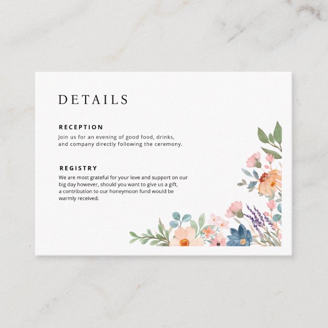 Carte D'accompagnement Elegant Wild Flowers Détails du Mariage (Devant)