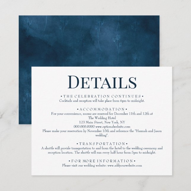 Carte D'accompagnement Elégante aquarelle bleu floral Détails du Mariage (Devant / Derrière)