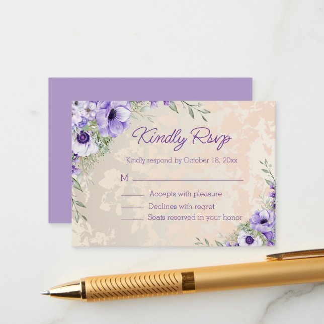 Carte D'accompagnement élégante aquarelle violet or floral mariage rsvp (Devant/Arrière en situation)