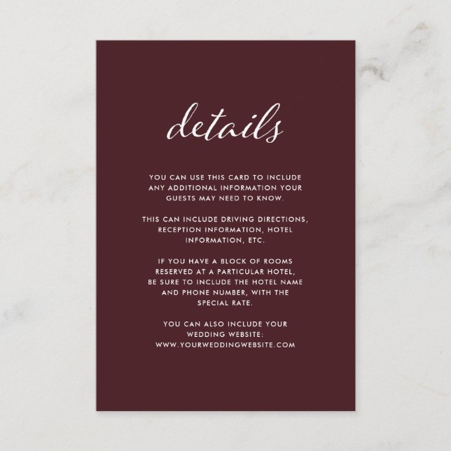 Carte D'accompagnement Élégante Bourgogne | Détails de l'invité Mariage (Devant)