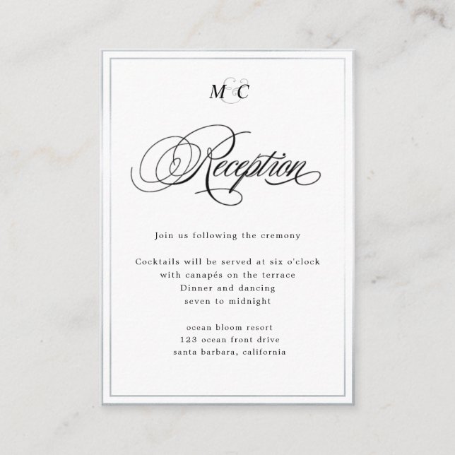 Carte D'accompagnement Elégante Calligraphie argent Réception (Devant)