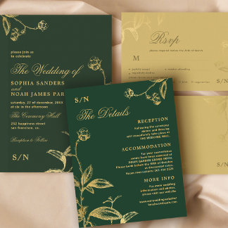 Carte D'accompagnement Elégante calligraphie or vert détails mariage