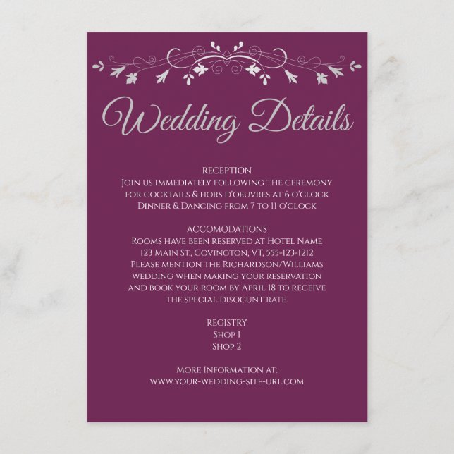 Carte D'accompagnement Elégante cassis fleuri & Mariage gris Détails (Devant)