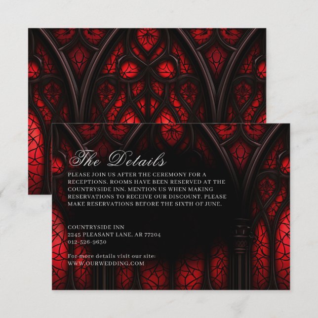 Carte D'accompagnement Elégante cathédrale rouge et noire Mariage gothiqu (Devant / Derrière)
