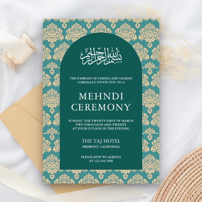 Carte D'accompagnement Élégante cérémonie Turquoise de Damask Arch islami (Créateur téléchargé)