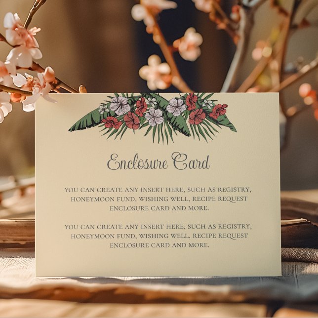 Carte D'accompagnement Elégante Fête des mariées Florale Jaune hawaïenne  (Yellow Tropical Hibiscus Flowers & Banana Leaves Floral Bridal Shower Enclosure Card Pink & Green)