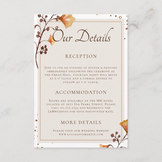 Carte D'accompagnement Elégante feuille d'automne dorée Notre Mariage Dét (Devant)