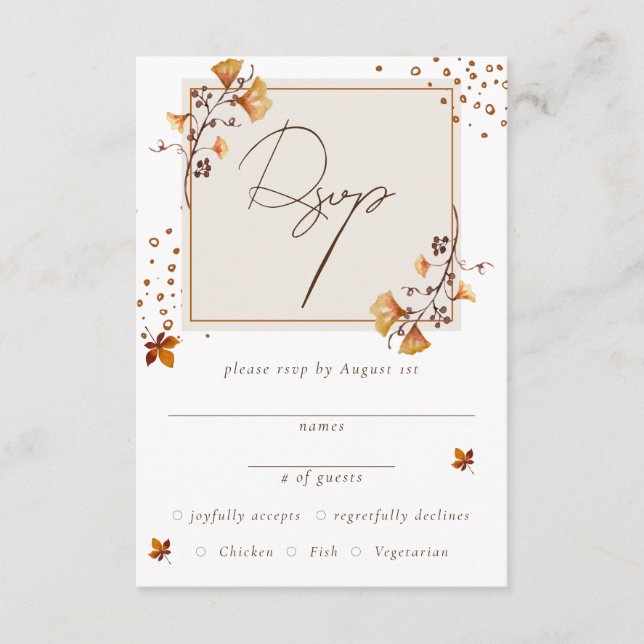 Carte D'accompagnement Elégante feuille d'automne dorée RSVP (Devant)