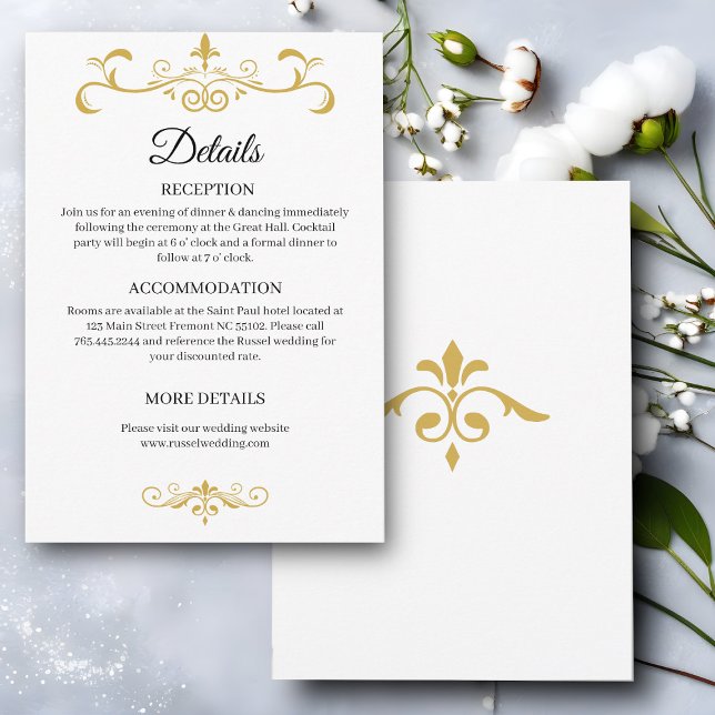 Carte D'accompagnement Elégante Filigree or sur blanc, Mariage (Créateur téléchargé)