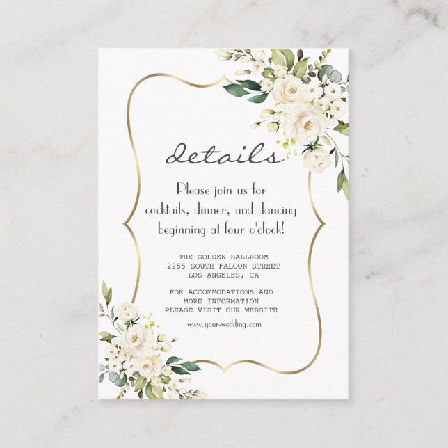 Carte D'accompagnement Elégante Fleurs blanches Gold Navy Détails du Mari (Devant)