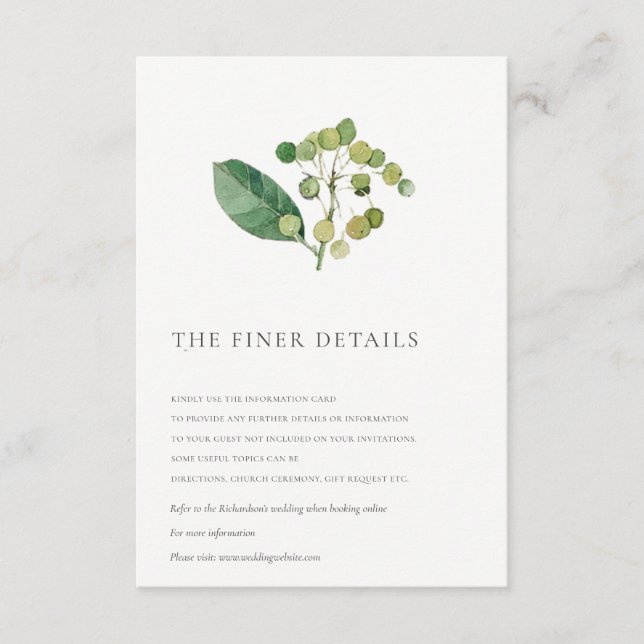 CARTE D'ACCOMPAGNEMENT ÉLÉGANTE FOLIAGE FEUILLE VERDURE DÉTAIL MARIAGE  (Devant)