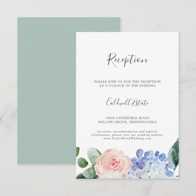 Carte D'accompagnement Elégante Hydrangea Mariage Réception Insertion Car (Devant / Derrière)