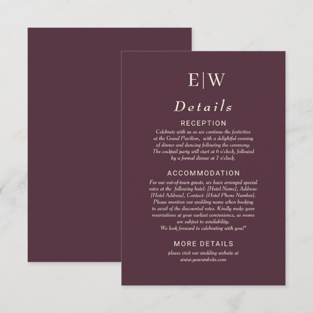 Carte D'accompagnement Elégante laque simple cerise, Mariage Monogramme (Devant / Derrière)