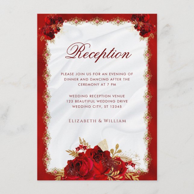 Carte D'accompagnement Elégante réception de mariage floral rouge et or (Devant)