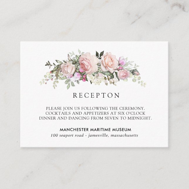 Carte D'accompagnement Elégante Réception De Mariage Florale Rose-Bleu (Devant)