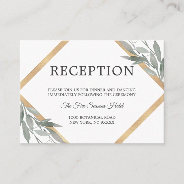 Carte D'accompagnement Elégante RÉCEPTION Feuille Botanique de Mariage Or (Devant)