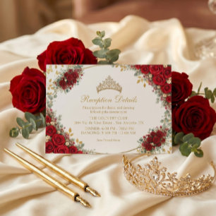 Carte D'accompagnement Élégante Rose Rouge Papillons Dorés Quinceañera
