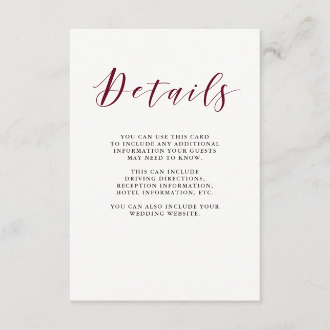 Carte D'accompagnement Élégante typographie | Marsala Détails de l'invité (Devant)