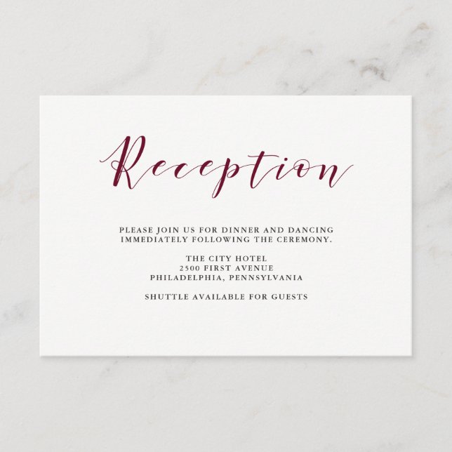 Carte D'accompagnement Élégante typographie | Réception de mariage de Mar (Devant)